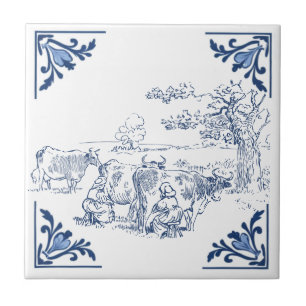Vintage Milkmaids Milking Cows Delft Blue White Tile