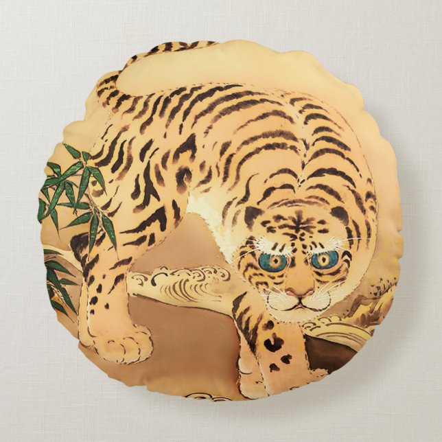 Vintage Minhwa Tiger by a Stream Round Cushion (Front)
