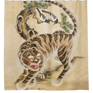 Vintage Minhwa Tiger Under Pine Tree Shower Curtain