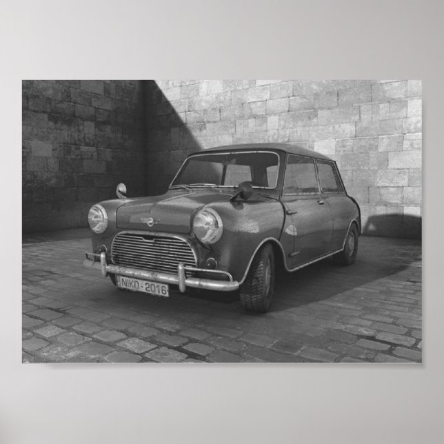 Vintage Mini Cooper black and white retro poster (Front)