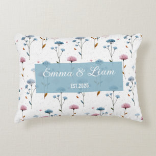 Vintage Minimal Blue and Pink Floral Personalized Decorative Cushion