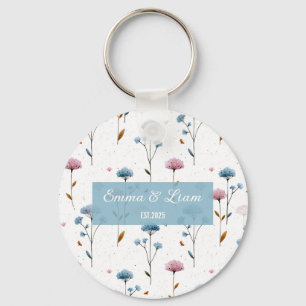 Vintage Minimal Blue and Pink Floral Personalized Key Ring