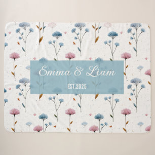 Vintage Minimal Blue and Pink Floral Personalized Sherpa Blanket