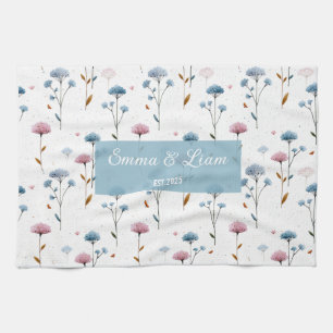 Vintage Minimal Blue and Pink Floral Personalized Tea Towel