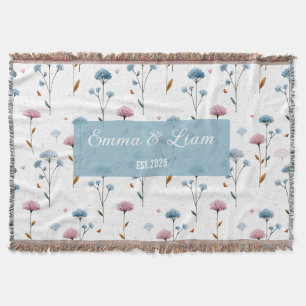 Vintage Minimal Blue and Pink Floral Personalized Throw Blanket