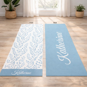 Vintage Minimalist Dusty Blue Cream Floral Script  Yoga Mat