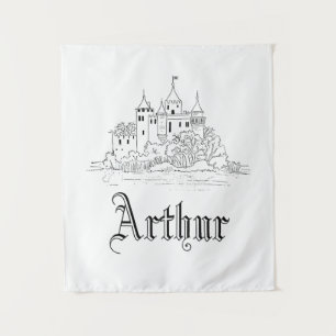 Vintage minimalistic mediaeval castle illustration tapestry