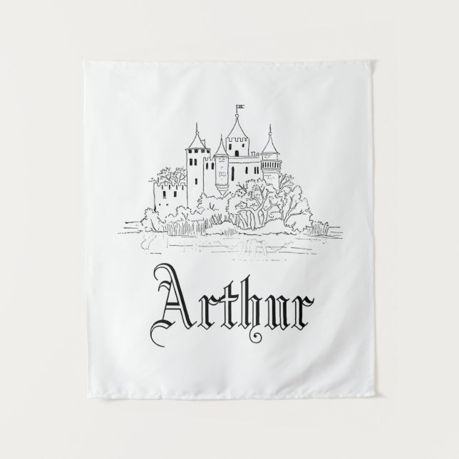 Vintage minimalistic mediaeval castle illustration tapestry (Front)