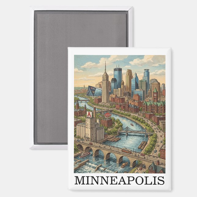 Vintage Minneapolis Minnesota Skyline View Magnet (Front/Back)