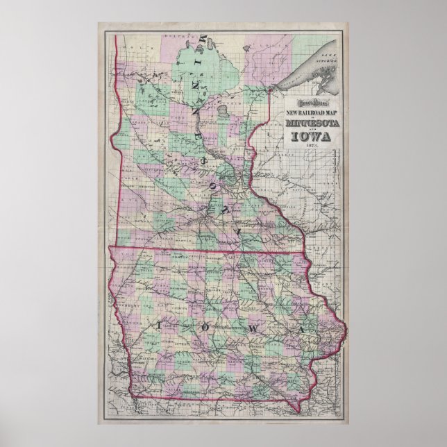 Vintage Minnesota & Iowa Railroad Map (1873) Poster (Front)