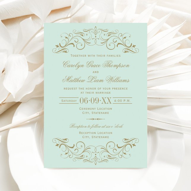 Vintage Mint and Antique Gold Flourish Wedding Invitation (Creator Uploaded)