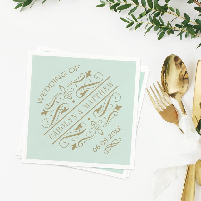 Vintage Mint Antique Flourish Wedding Monogram Napkin (Creator Uploaded)