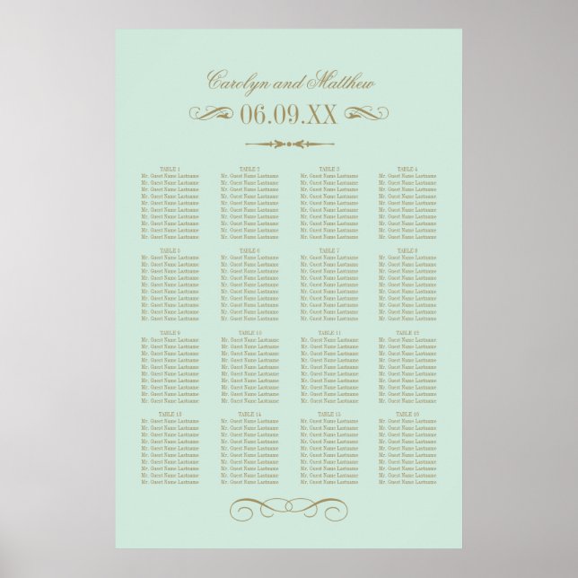 Vintage Mint Antique Flourish Wedding Seating Poster (Front)