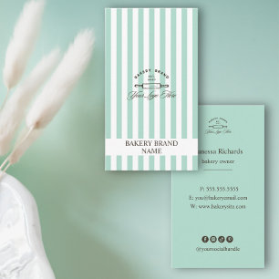 Vintage Mint Green Bakery Logo Elegant Striped Business Card