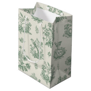 Vintage Mint Green Bird Toile Floral Pattern Medium Gift Bag