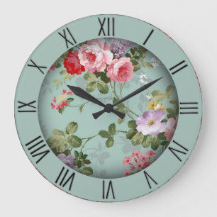 Vintage Mint Green Floral Design Roman Numerals Large Clock