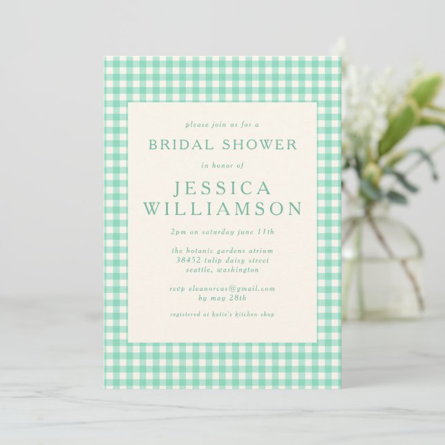 Vintage Mint Green Gingham Plaid Bridal Shower Invitation (Standing Front)