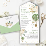 Vintage Mint Green Hot Air Balloon Baby Shower All In One Invitation<br><div class="desc">Amaze your guests with this elegant baby shower invite featuring a cute hot air balloon and beautiful flowers with detachable book request card. Simply add your event details on this easy-to-use template to make it a one-of-a-kind invitation.</div>
