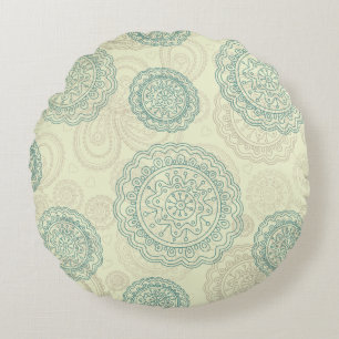 Vintage Mint Green Mandala Paisley Pattern Round Cushion