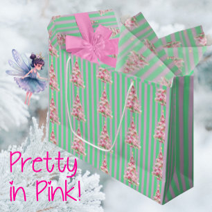 Vintage Mint Green Pink Stripe Christmas Tree Large Gift Bag