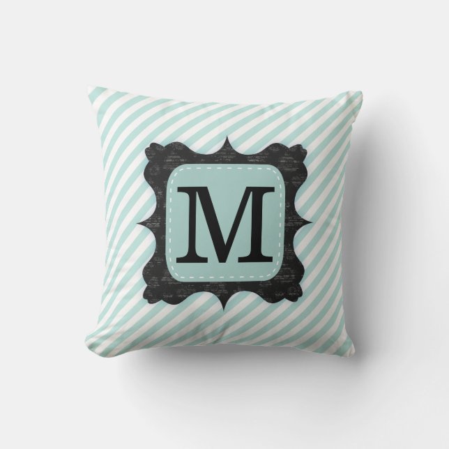 Vintage Mint Green Stripes Pattern Black Monogram Cushion (Front)