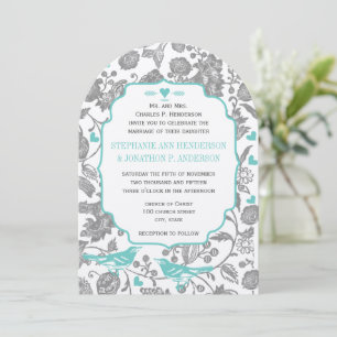 Vintage Mint Grey Floral Pattern Lovebird Wedding Invitation