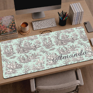 Vintage Mint Grey French Toile De Jouy Monogram Desk Mat