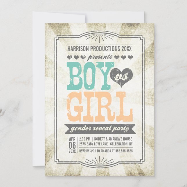 Vintage Mint & Peach Gender Reveal Party Invitation (Front)