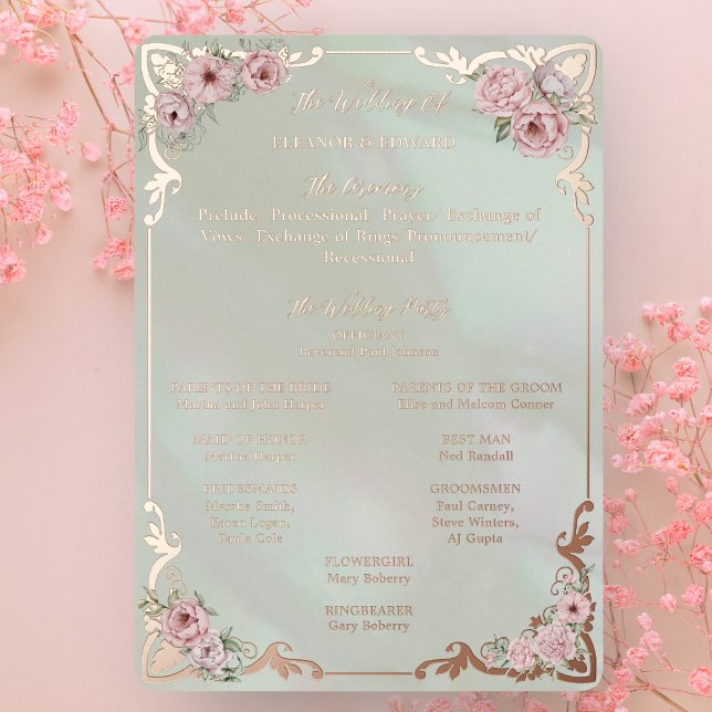 Vintage Mint Peony Wedding Foil Program Card (Creator Uploaded)
