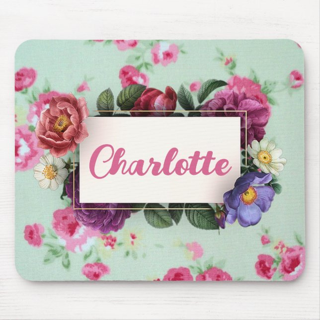 Vintage Minty Pink Rose Name Mouse Pad (Front)