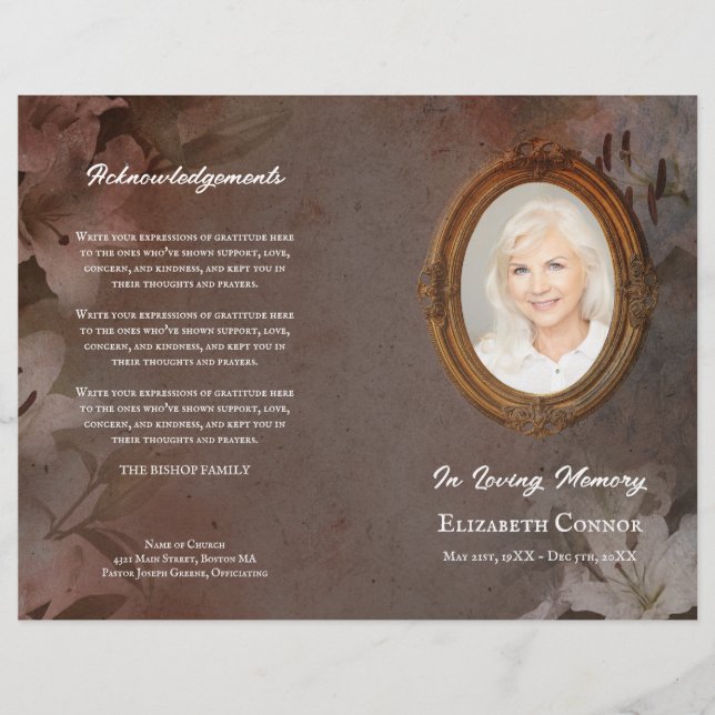 Vintage Mirror Frame Lilies Photo Funeral Program (Front)