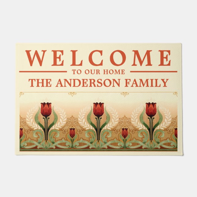 Vintage Mission Style Red Tulip Frieze Doormat (Front)