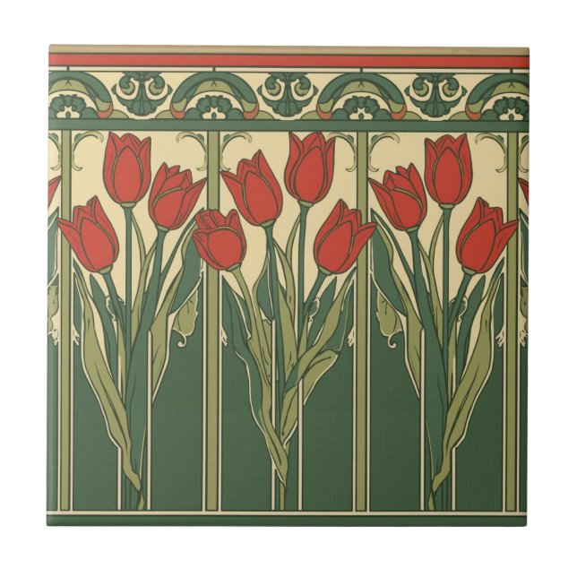 Vintage Mission Style Red Tulip Frieze Tile (Front)