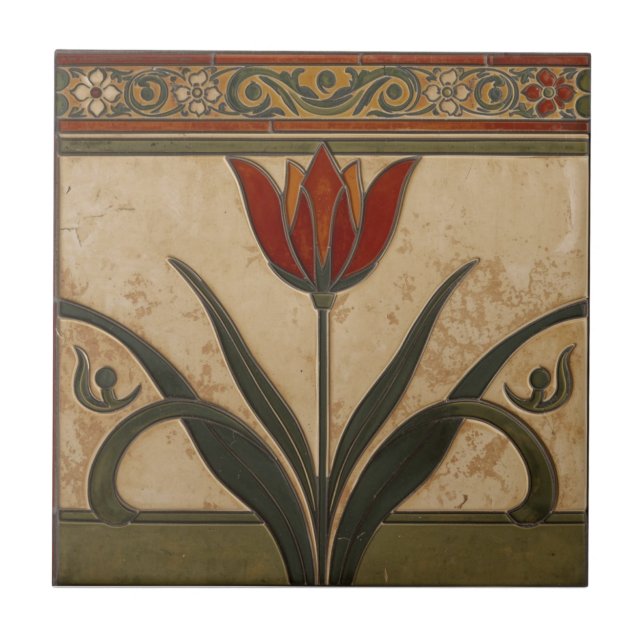 Vintage Mission Style Red Tulip Frieze Tile (Front)