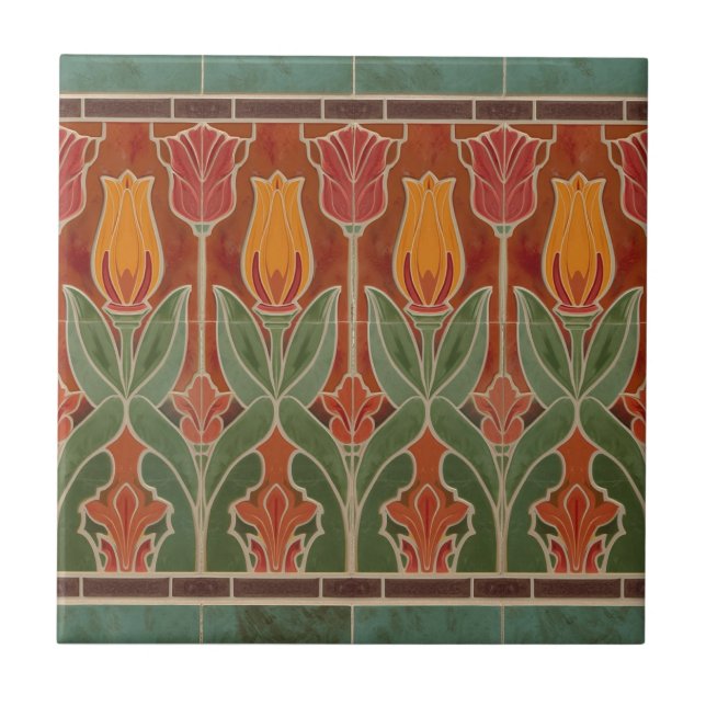 Vintage Mission Style Red Tulip Frieze Tile (Front)