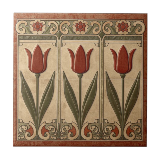 Vintage Mission Style Red Tulip Frieze Tile (Front)