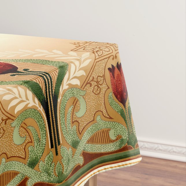 Vintage Mission Style Red Tulip Pattern Tablecloth (In Situ)