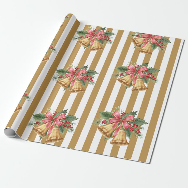 Vintage Mistletoe Bells gold striped wrapping  Paper (Unrolled)