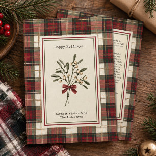 Vintage Mistletoe Watercolor Tartan Plaid New Year Holiday Card