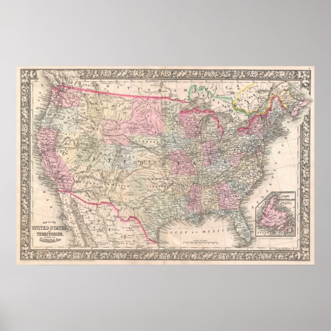 Vintage Mitchell Map of the United States (1866) Poster (Front)