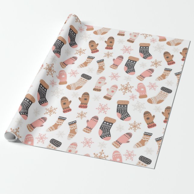 Vintage Mitten and Snowflake Christmas Wrapping Wrapping Paper (Unrolled)