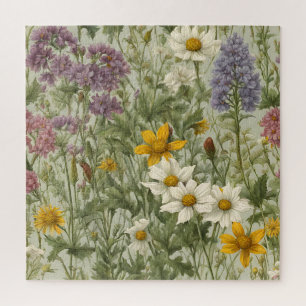 Vintage  Mixed Colour Blooming Wildflowers Jigsaw Puzzle