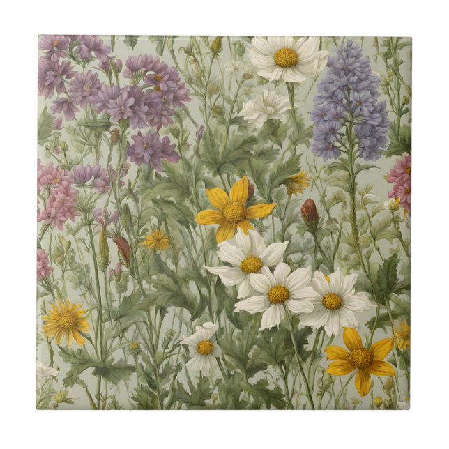 Vintage  Mixed Colour Blooming Wildflowers Tile (Front)