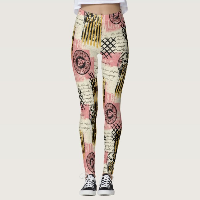Vintage Mixed-Media Collage - Distressed Paper Leggings (Front)