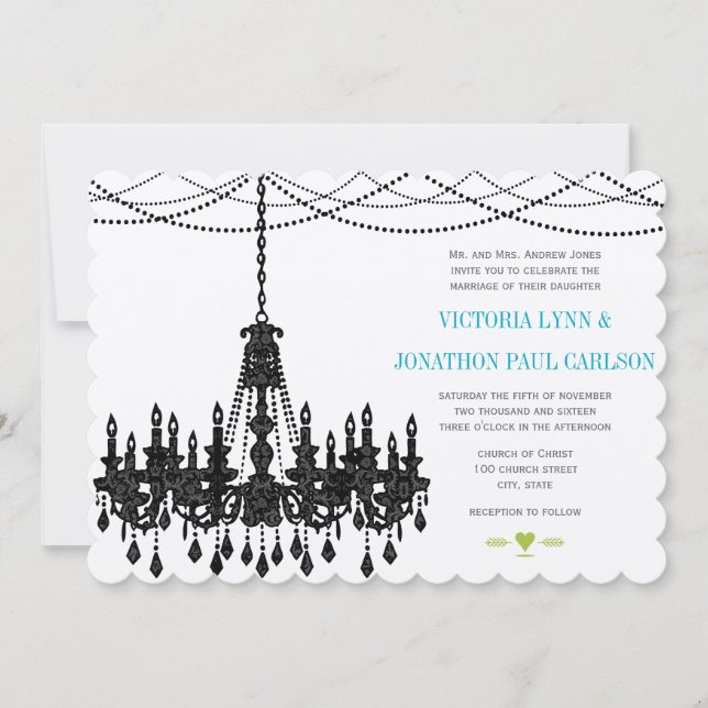 Vintage Modern Aqua Chandelier Wedding Invitations (Front)