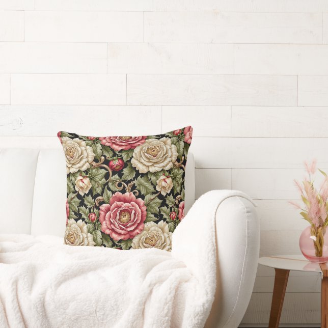 Vintage Modern Cabbage Roses on Black Cushion (Couch)