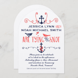 Vintage Modern Coral Bird Navy Nautical Wedding Invitation