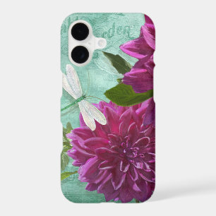 Vintage Modern Dragonfly w Purple Dahlia Flowers