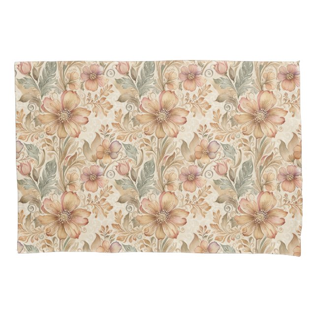 Vintage Modern Elegant Peach Floral Pillowcase (Front)