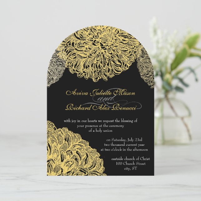 Vintage Modern Floral Chrysanthemum Grey Yellow Invitation (Standing Front)